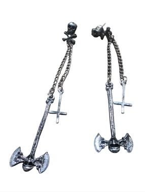 Goth Skull Cross Battle Axe Chain Dangle Earrings Silver Tone Punk Gothic